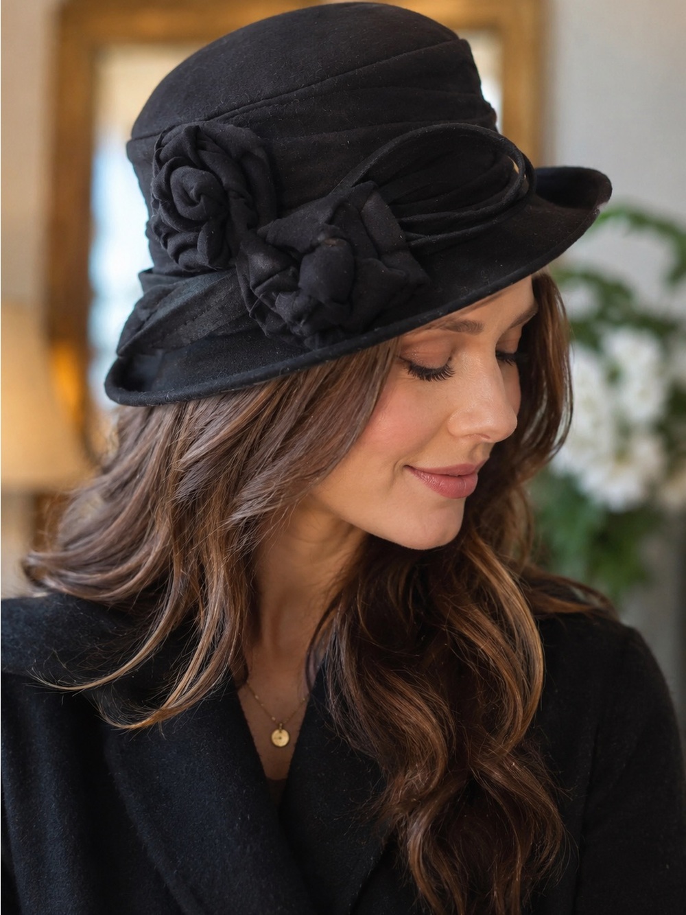 Vintage Something Special 100% Wool Black Cloche Hat • Floral Rosette Old Money